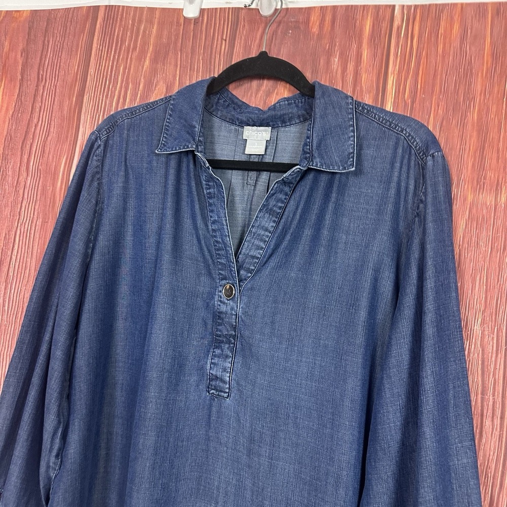 Chico's Chambray Popover Tunic V-Neck Roll Tab Sleeves Size 3 & US 16/18 - Picture 3 of 6